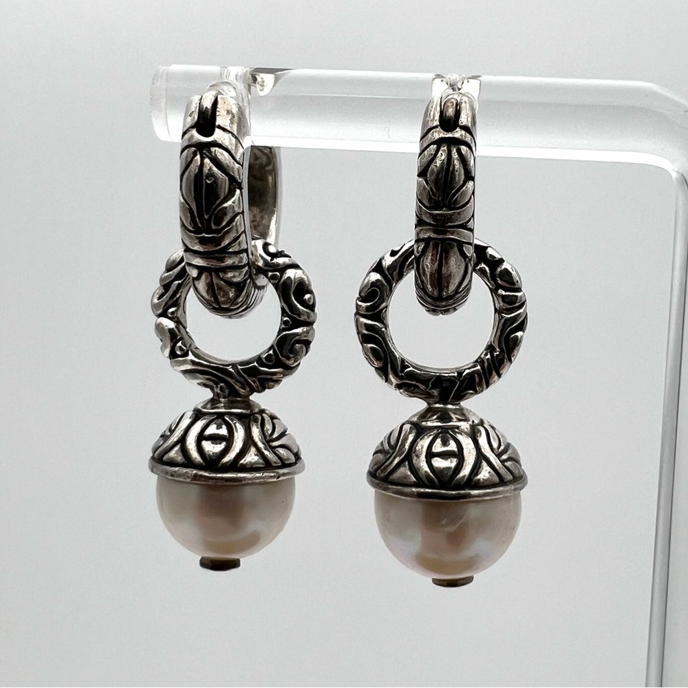 DS 925 Silver 18k Accent and Glass Pearl Huggie Earrings